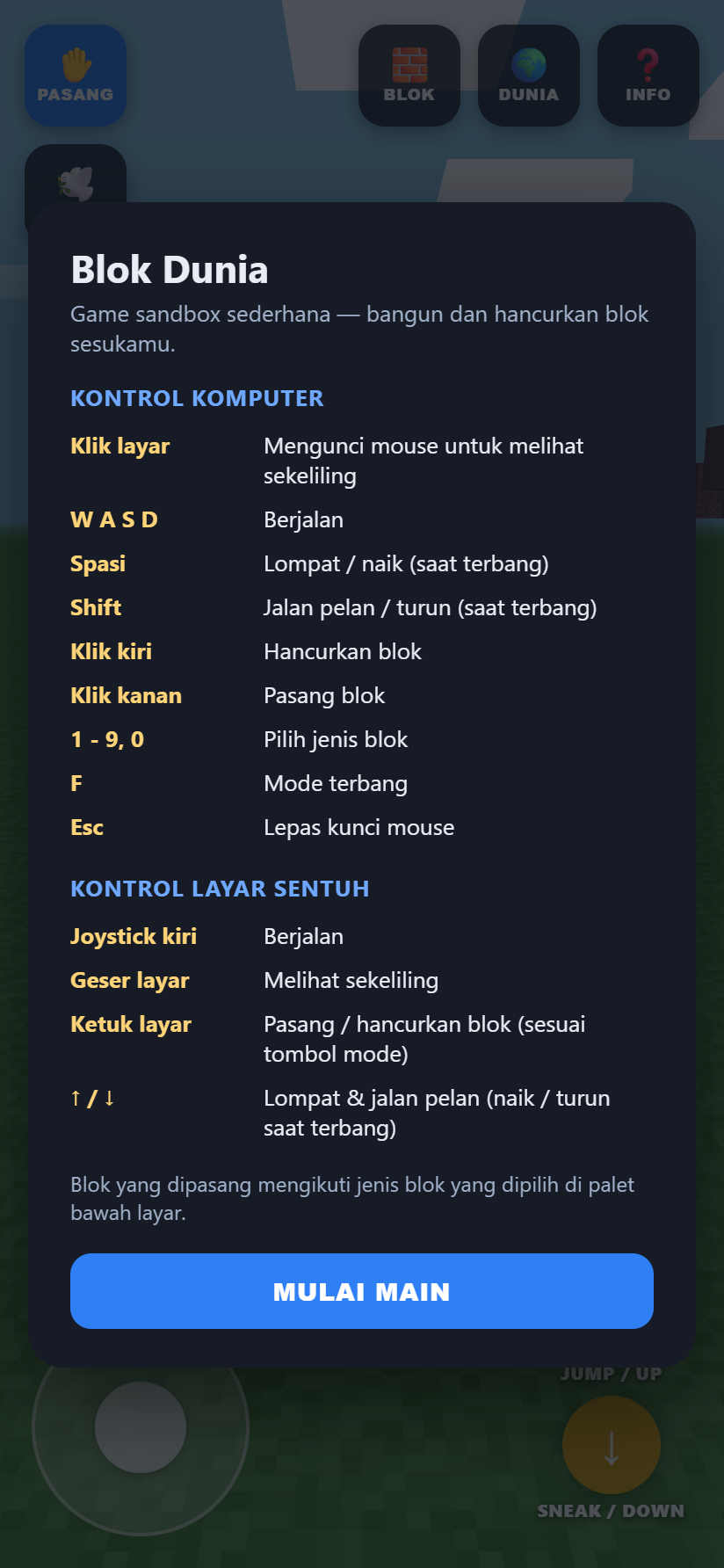 Layar pembuka berisi panduan kontrol
